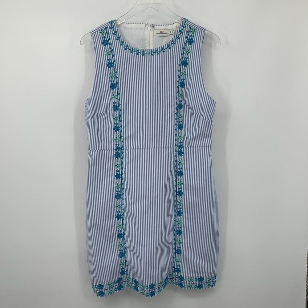 Vineyard Vines Blue and White Striped Sleeveless Embroidered Shift Dress